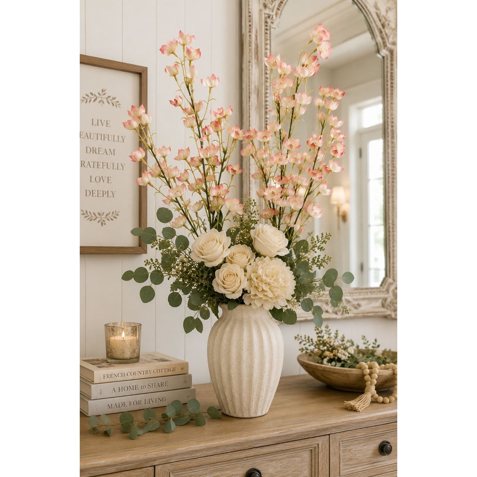 Artificial Dogwood Style Flower Stems Set of 2 Blush Pink White Faux Floral Branches 38 Inch Tall Wedding Filler Vase Decor