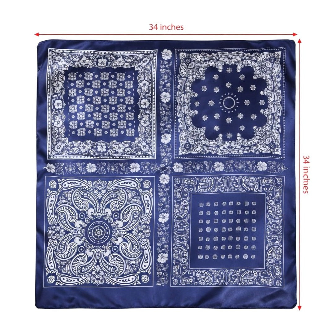 Blue bandana with white patterns and measurements on a white background