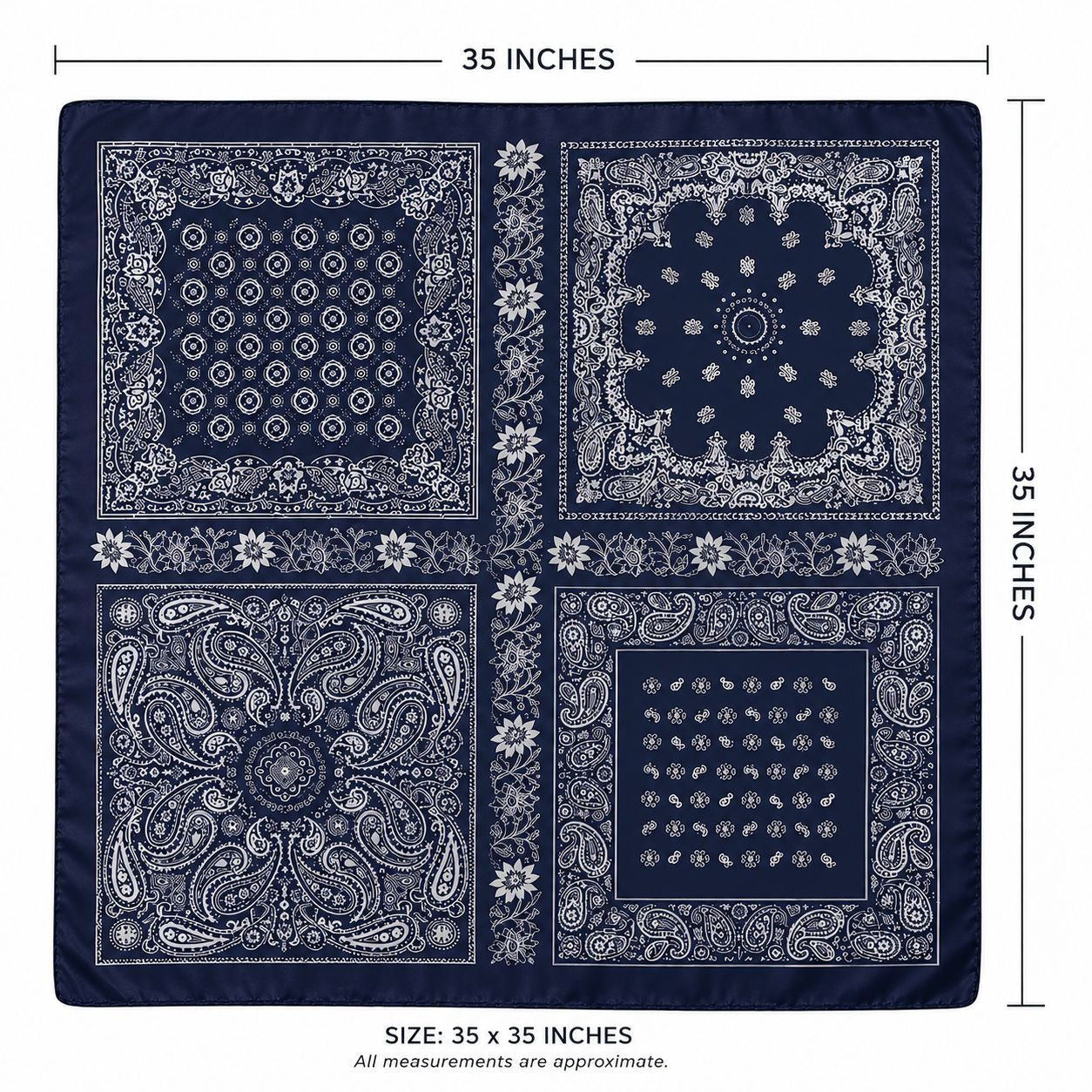 Navy blue bandana with white patterns and measurements on a white background