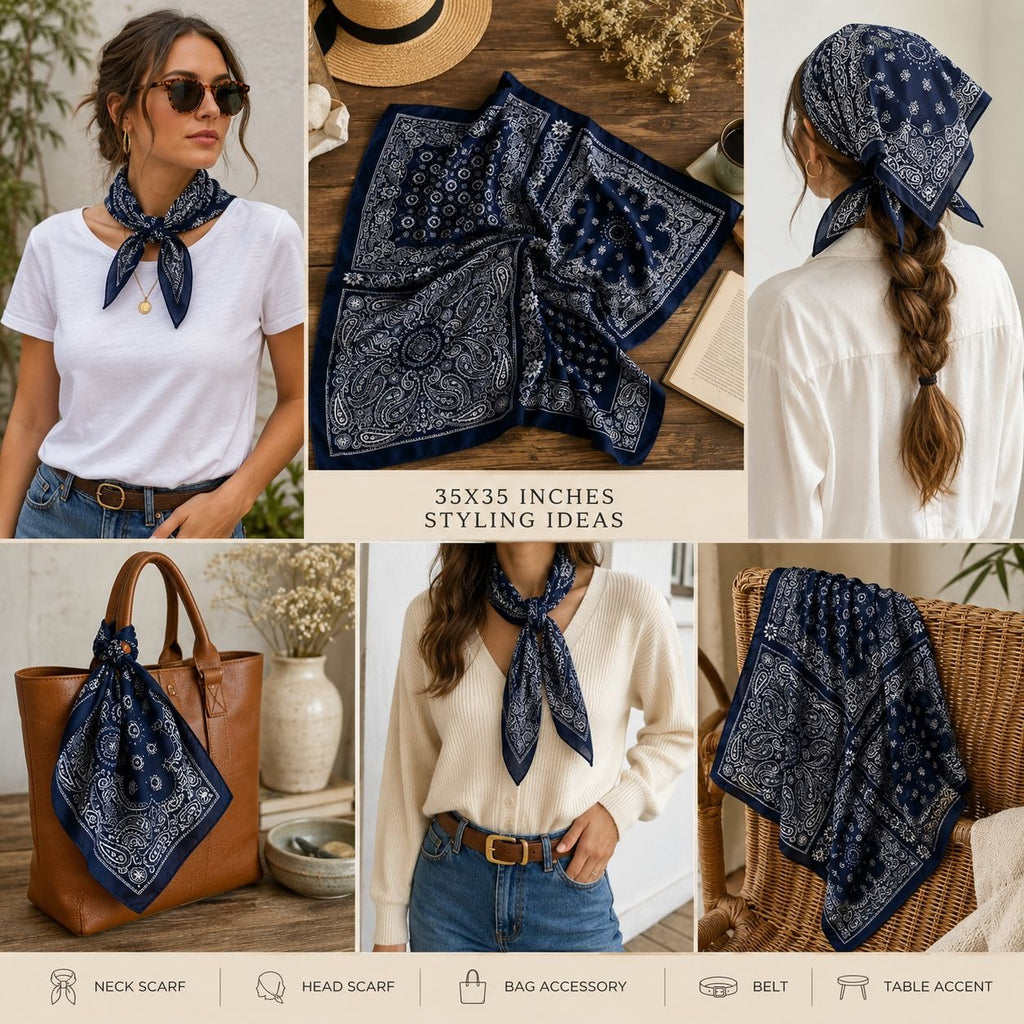 Navy bandana used as a neck scarf, headscarf, bag accessory, belt, and table accent with styling ideas.