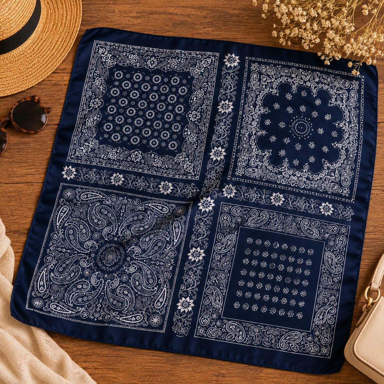 Four navy blue bandanas with white patterns on a wooden surface.