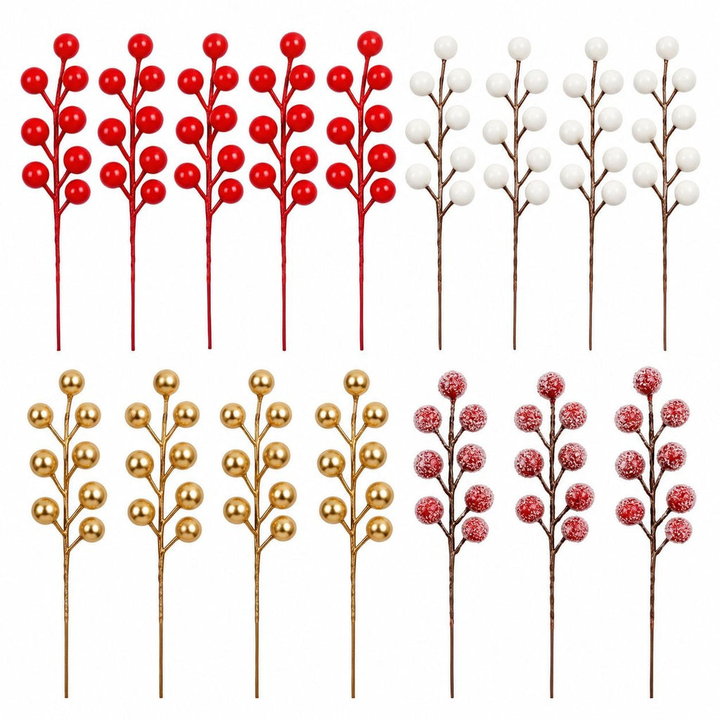 16 Mixed Christmas Berry Picks, 8-Inch Red White Gold Frosted Stems
