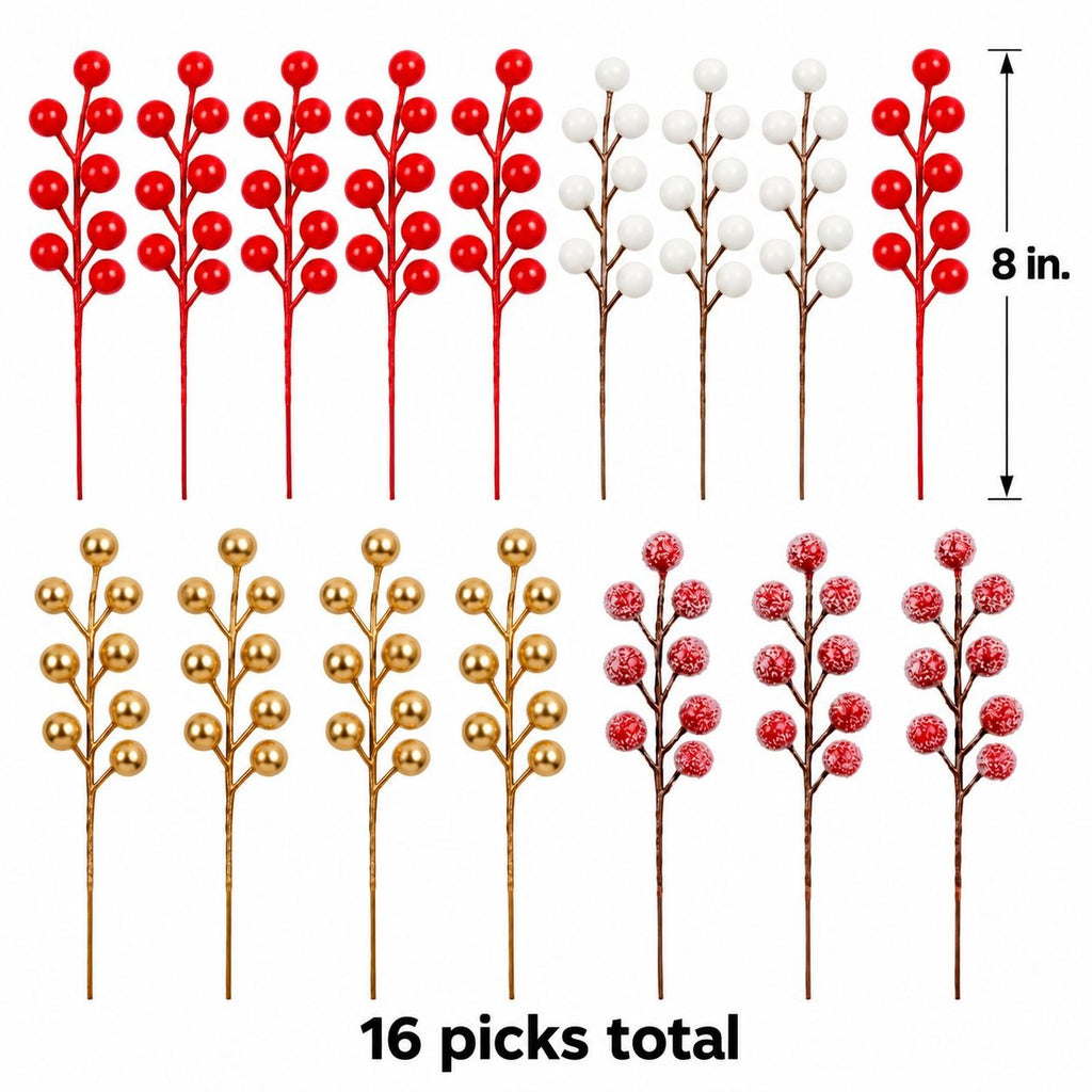 16 Mixed Christmas Berry Picks, 8-Inch Red White Gold Frosted Stems
