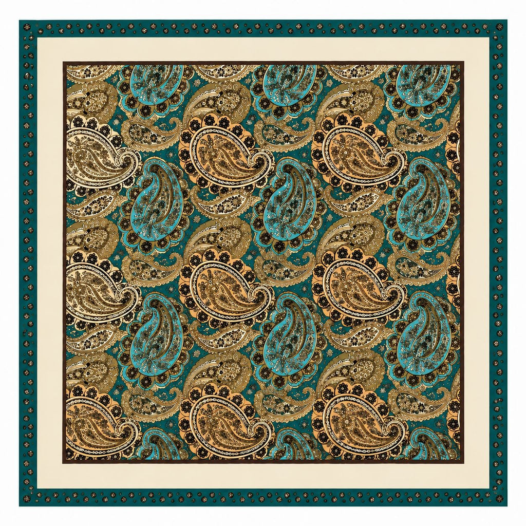 Paisley Satin Square Scarf 35x35 Teal Cream Gold Head Scarf Hair Scarf Neck Scarf