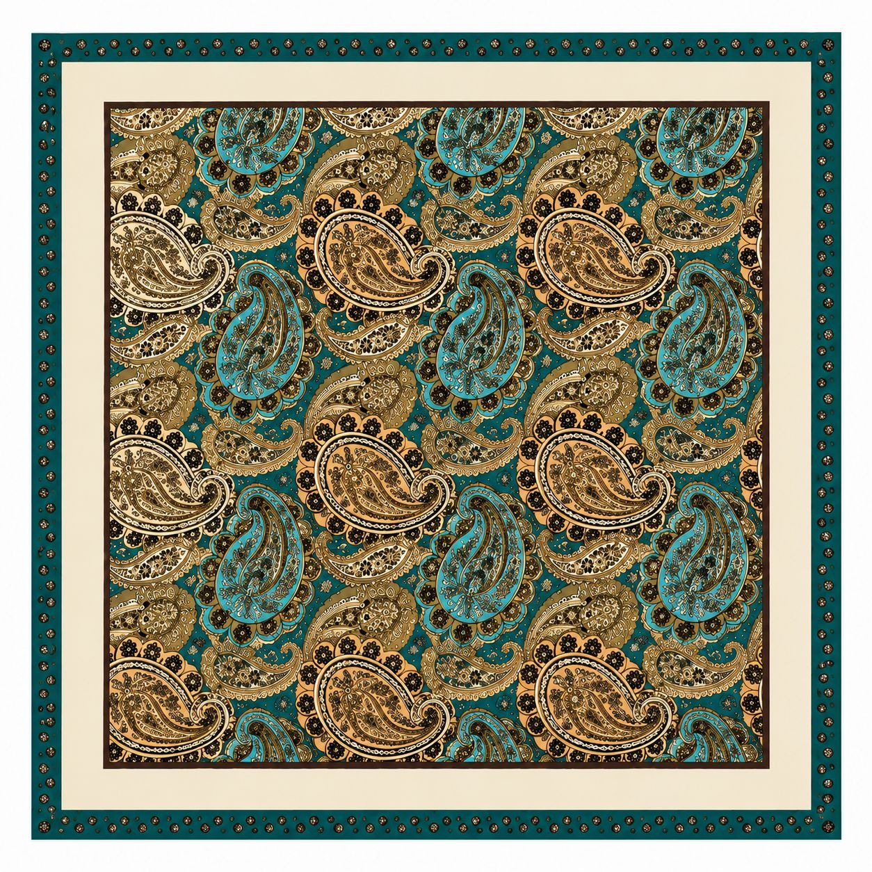 Paisley Satin Square Scarf 35x35 Teal Cream Gold Head Scarf Hair Scarf Neck Scarf