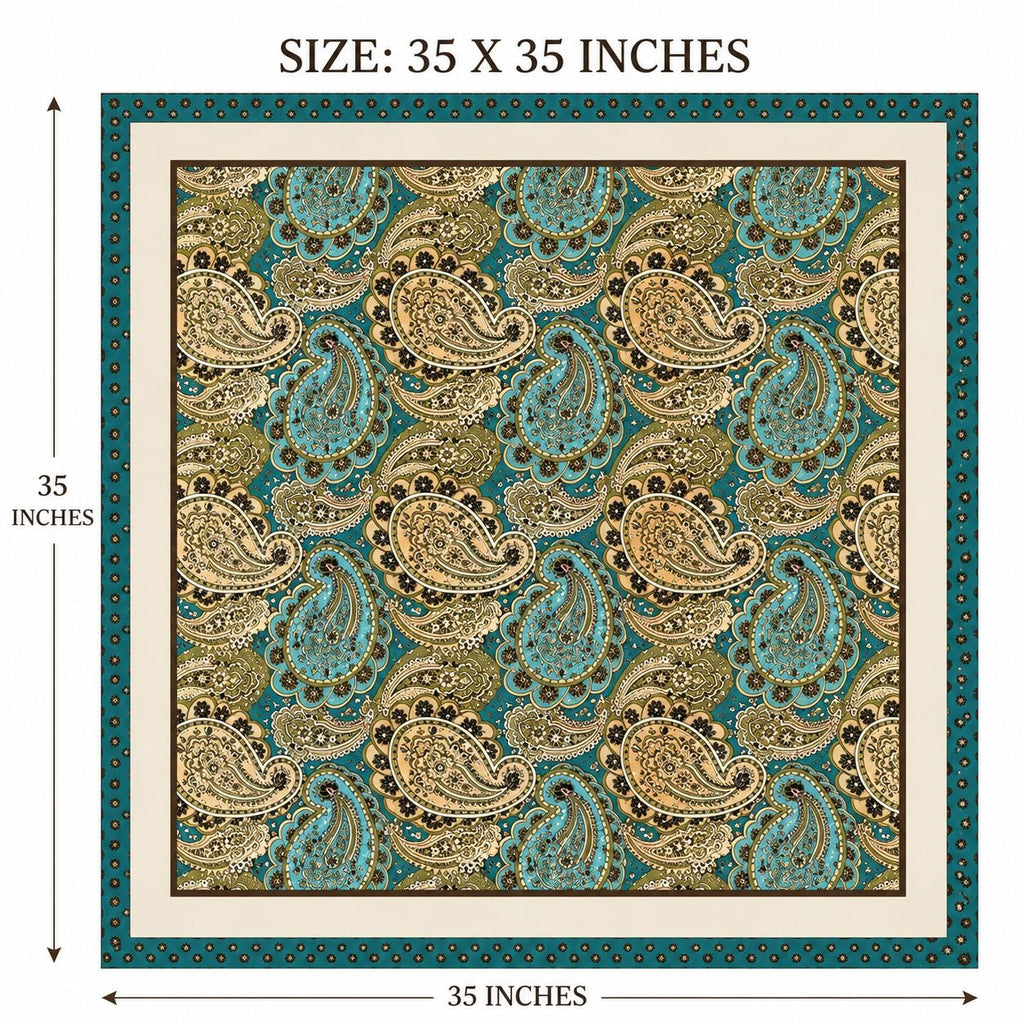 Patterned fabric with paisley design and dimensions on a white background