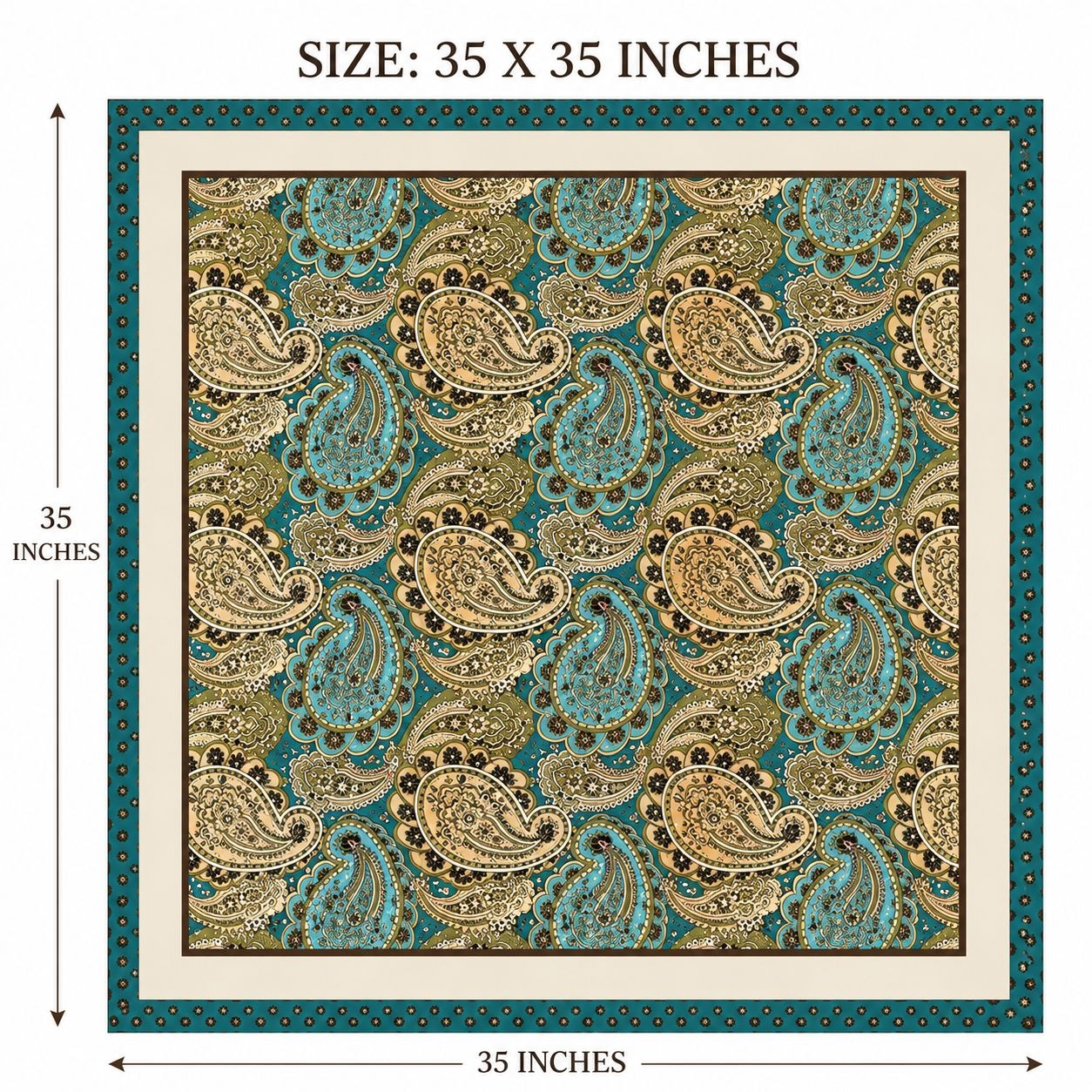 Patterned fabric with paisley design and dimensions on a white background