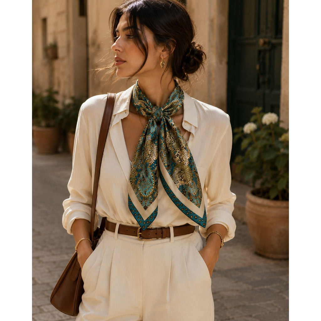 Woman wearing a white blouse with a patterned scarf outdoors