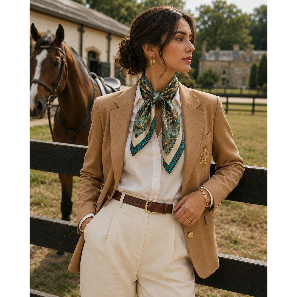 Woman in equestrian attire with a horse in the background