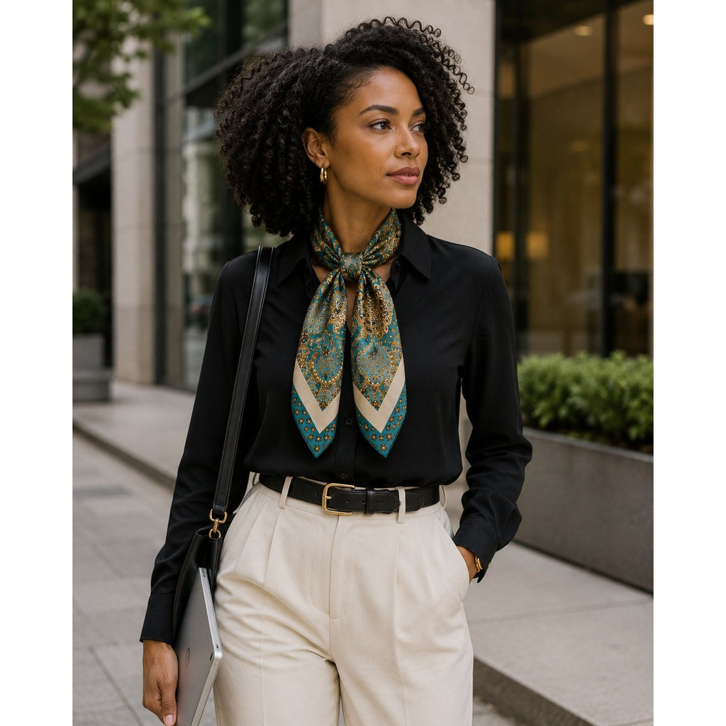 Woman wearing a black shirt, beige pants, and a patterned scarf outdoors.