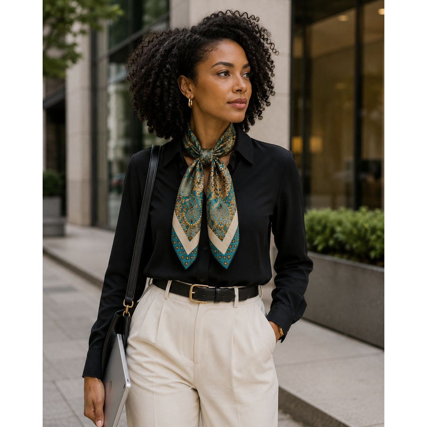 Woman wearing a black shirt, beige pants, and a patterned scarf outdoors.