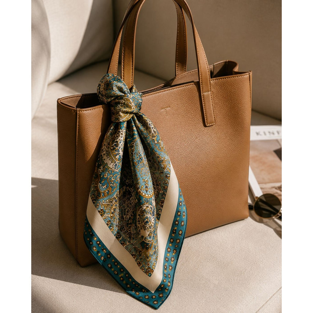 Womens Satin Paisley Square Scarf Teal Cream Gold Head Scarf Hair Scarf Neck Scarf Bag Scarf Boho Resort 35x35