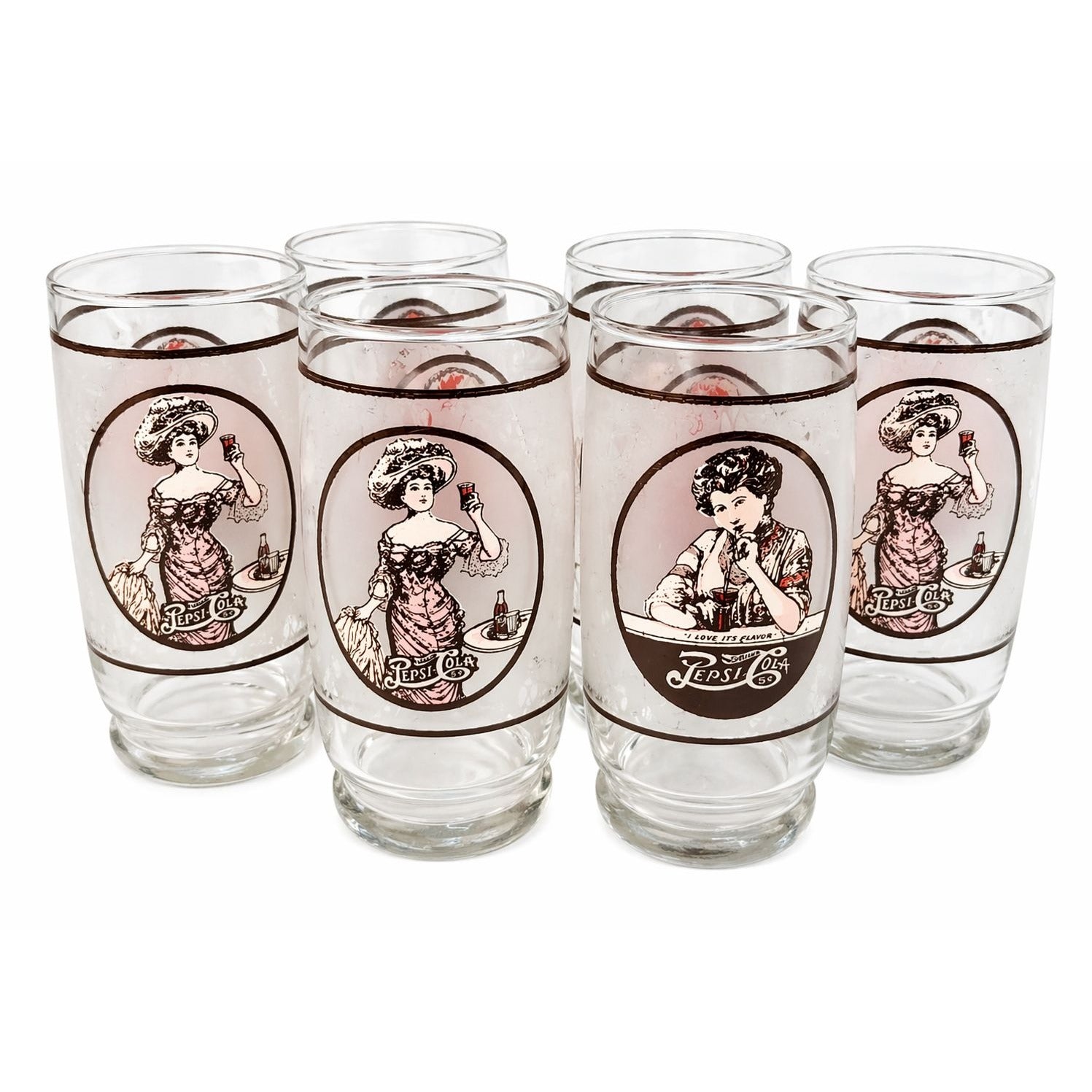 Vintage Pepsi Glasses Set of 6 | 1970s Gibson Girl Tumblers Collectible Retro Barware