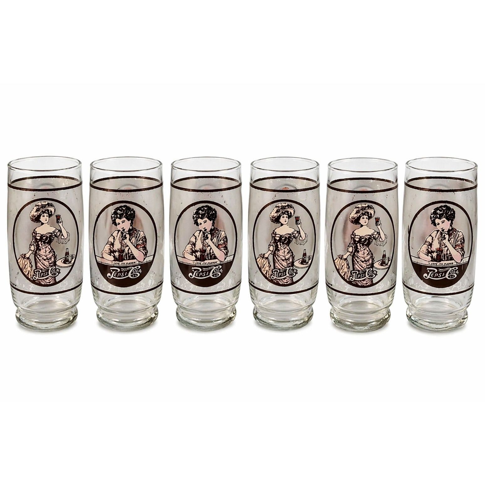 Vintage Pepsi Glasses Set of 6 | 1970s Gibson Girl Tumblers Collectible Retro Barware