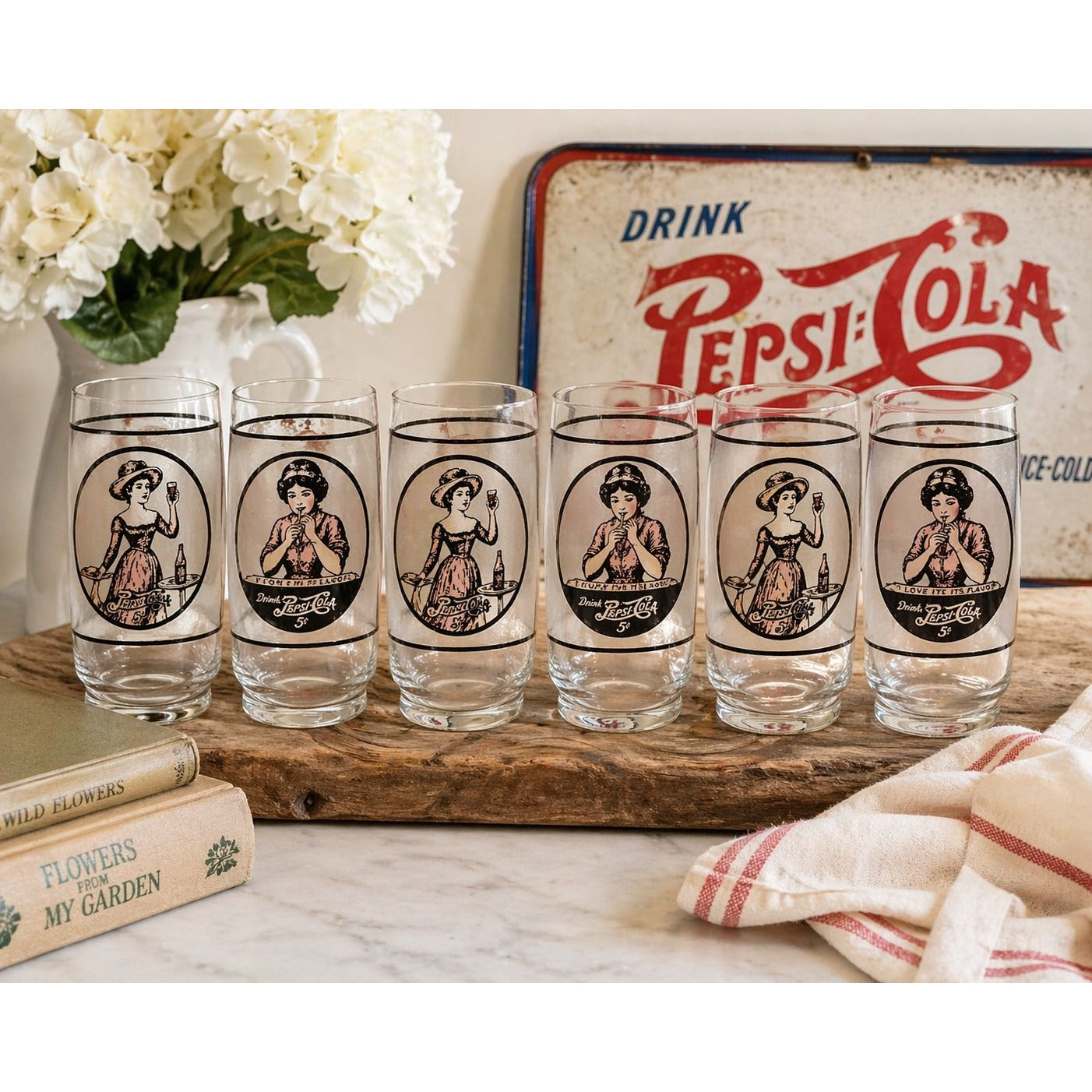 Vintage Pepsi Glasses Set of 6 | 1970s Gibson Girl Tumblers Collectible Retro Barware