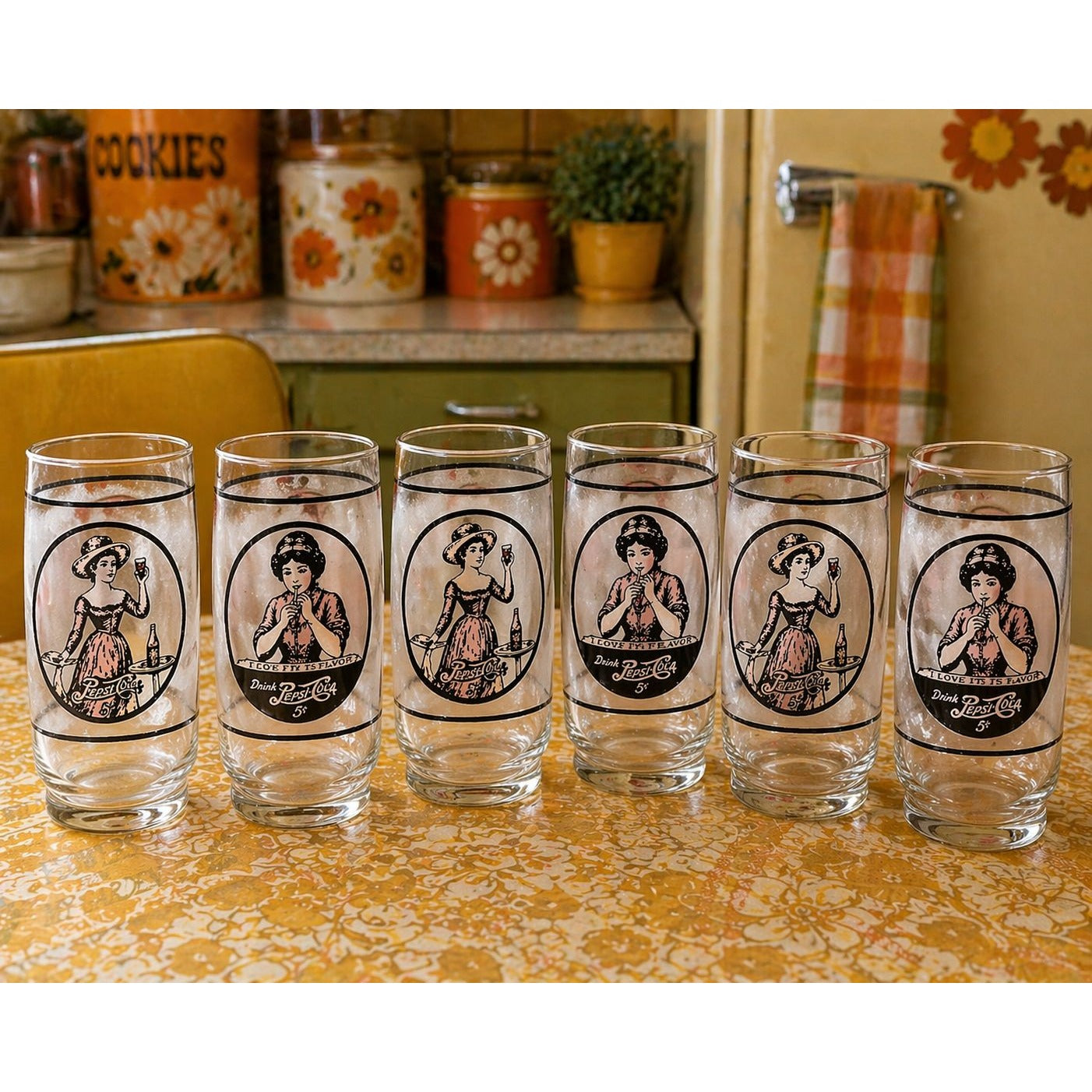 Vintage Pepsi Glasses Set of 6 | 1970s Gibson Girl Tumblers Collectible Retro Barware