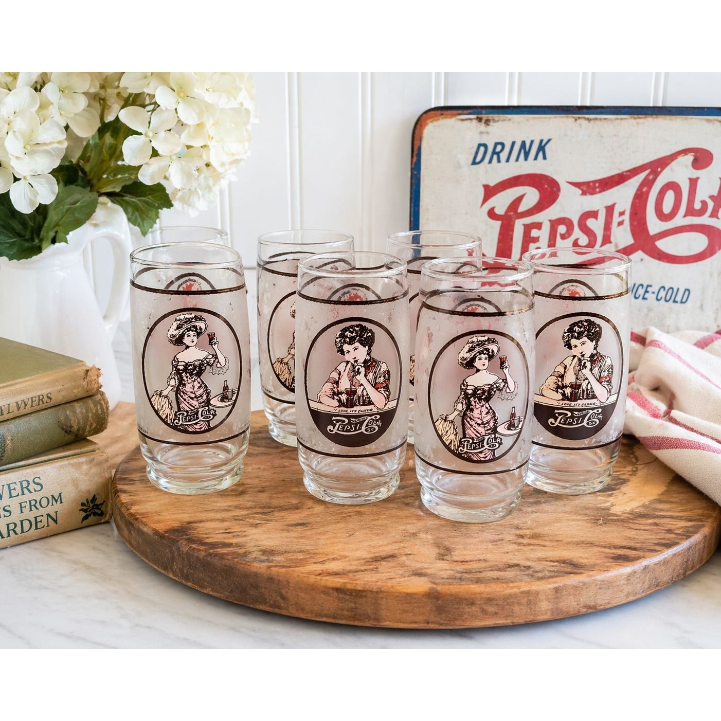 Vintage Pepsi Glasses Set of 6 | 1970s Gibson Girl Tumblers Collectible Retro Barware