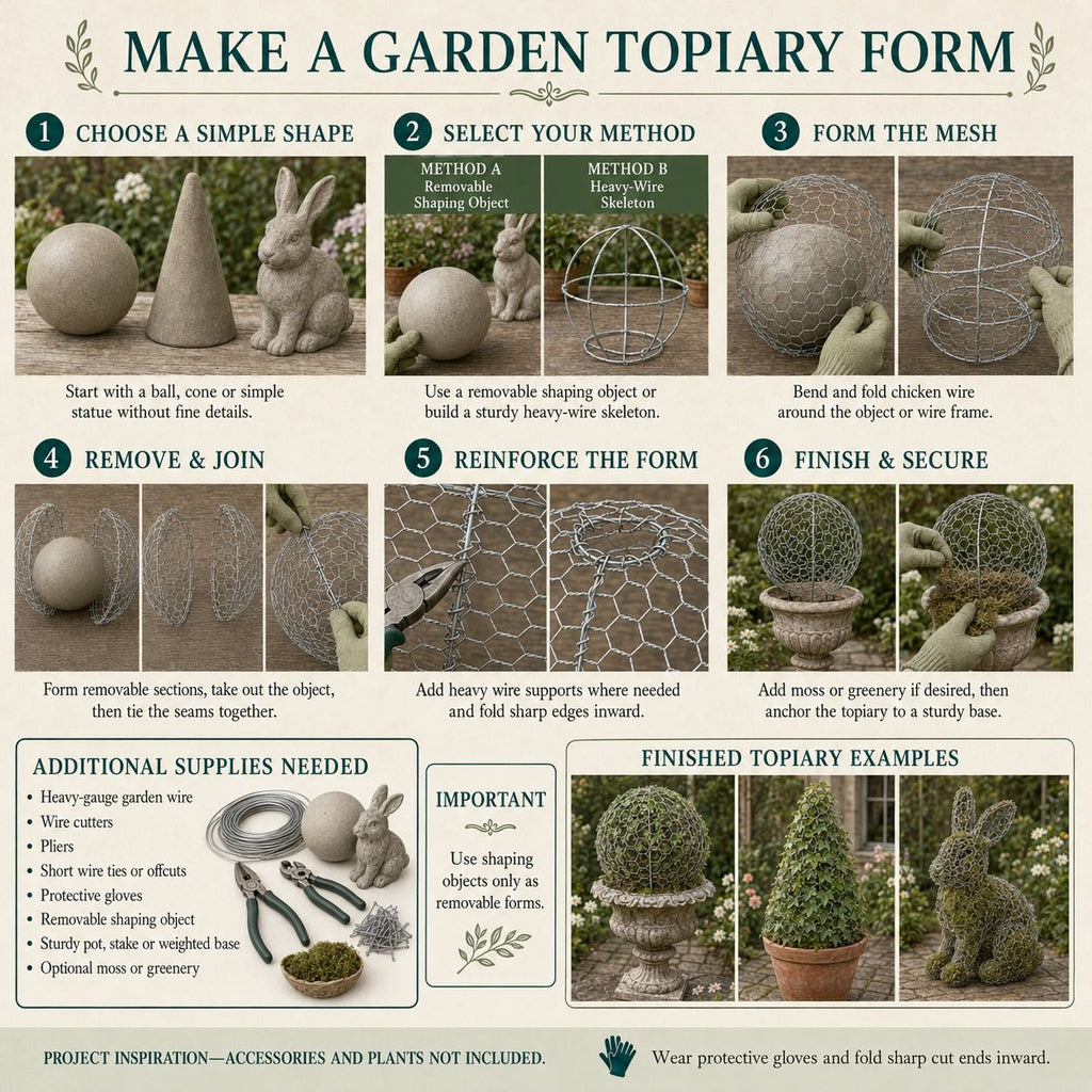 An instructional infographic titled 'MAKE A GARDEN TOPIARY FORM' with six numbered steps, photos of gardening tools and finished topiary examples, and text about supplies and care. This is not a clean product photo of a sellable item, and it is not a measurement chart, color swatch, or placeholder.