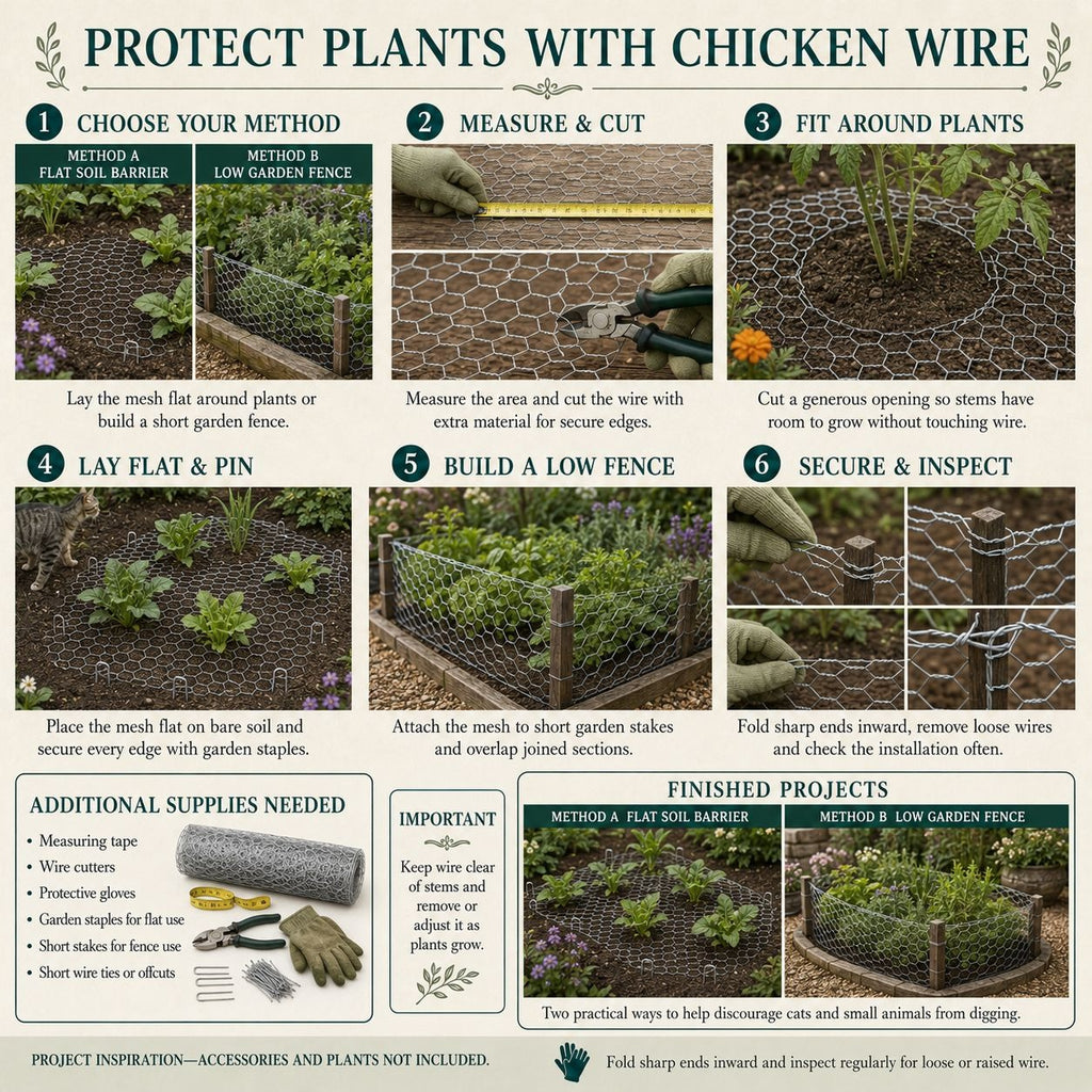 An instructional infographic titled 'PROTECT PLANTS WITH CHICKEN WIRE' showing eight numbered steps with photos of people installing chicken wire fencing around plants. The graphic includes step-by-step directions, a list of additional supplies needed, and two finished project examples at the bottom.