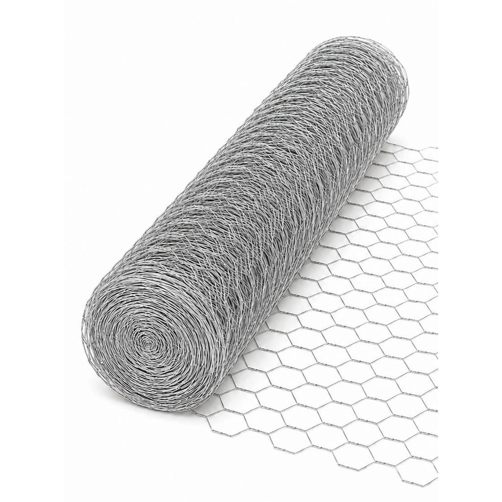 A roll of silver-gray metal wire mesh with a hexagonal pattern, partially unrolled on a clean white background.
