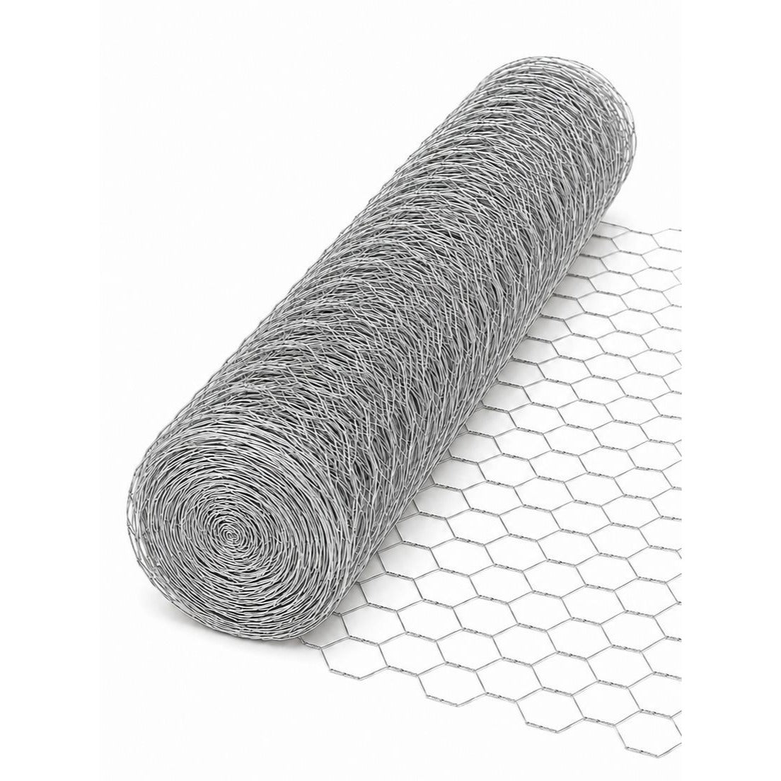A roll of silver-gray metal wire mesh with a hexagonal pattern, partially unrolled on a clean white background.