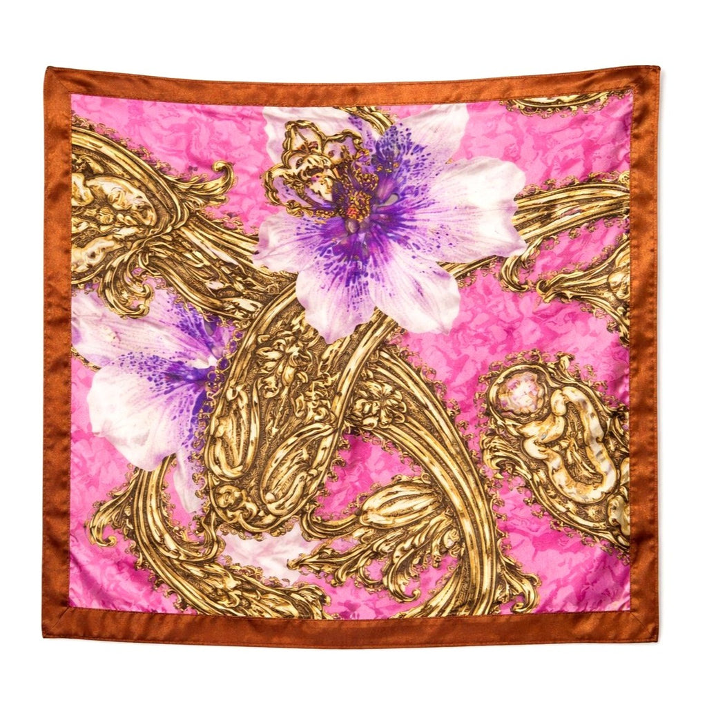 Pink Floral Satin Scarf 20x20 Women's Hair Tie Neck Wrist Wrap Orchid Baroque Bloom Satin Square Scarf – 20 x 20