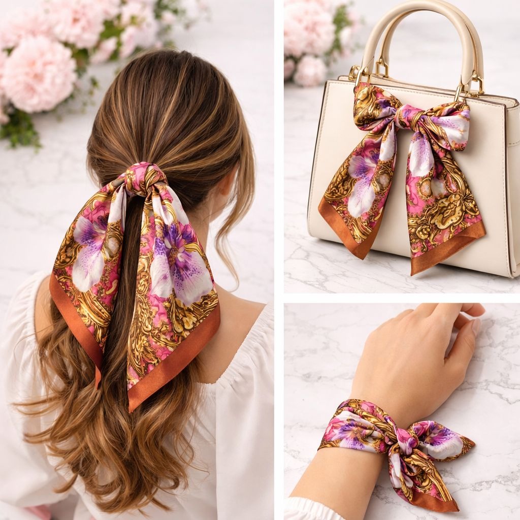 Pink Floral Satin Scarf 20x20 Women's Hair Tie Neck Wrist Wrap Orchid Baroque Bloom Satin Square Scarf – 20 x 20