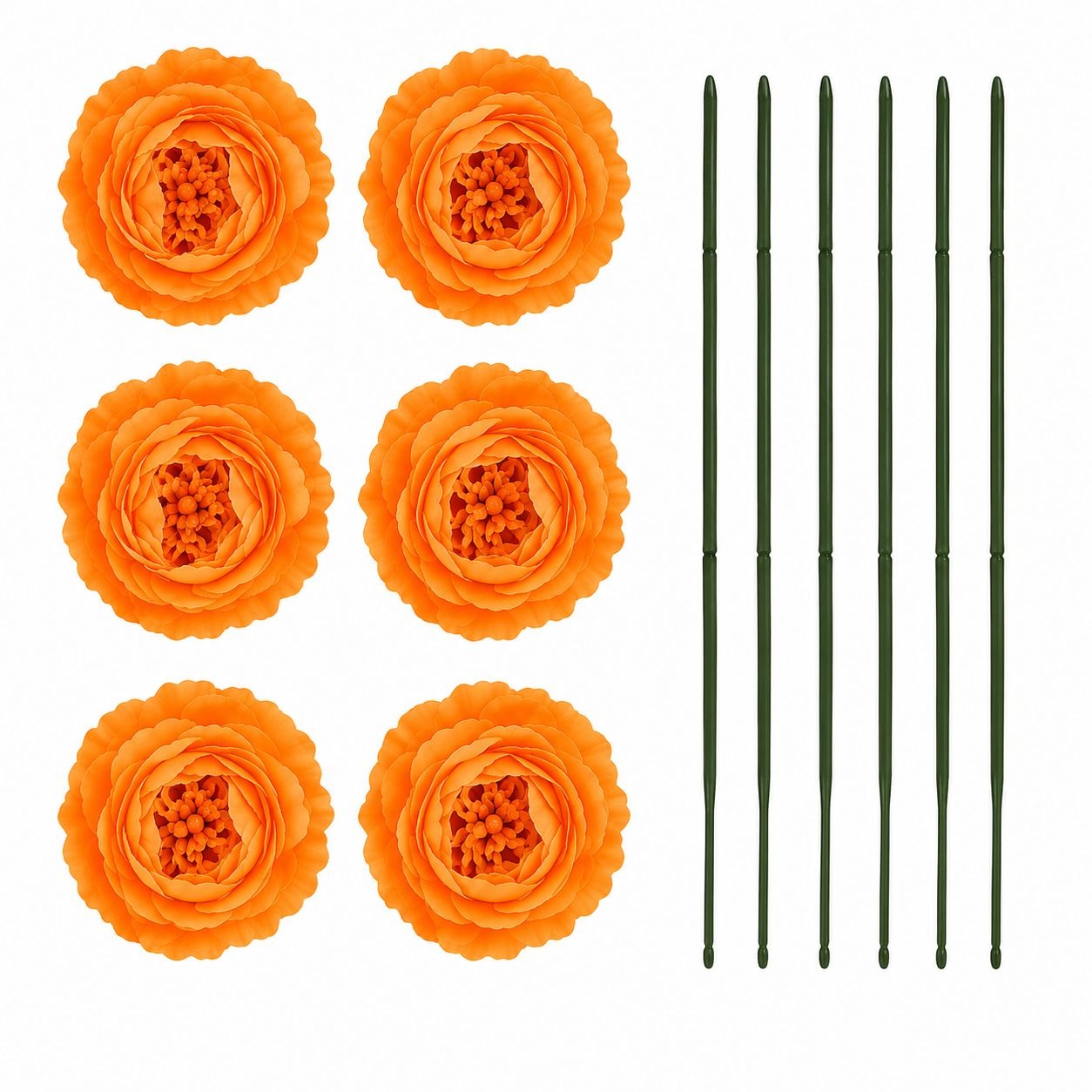 Orange Artificial Peony Ranunculus Flower Heads Set of 6 with Wire Stems Faux Silk Floral Craft Supply