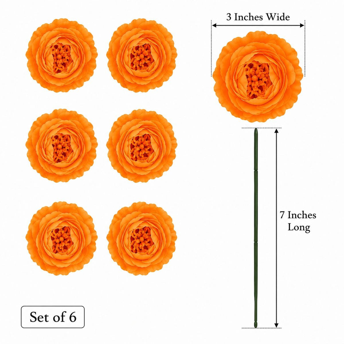 Six orange artificial flower blooms with stem details on a white background, including a close-up of one flower with dimension labels showing 3 inches wide and 7 inches long, plus a note for a set of 6.