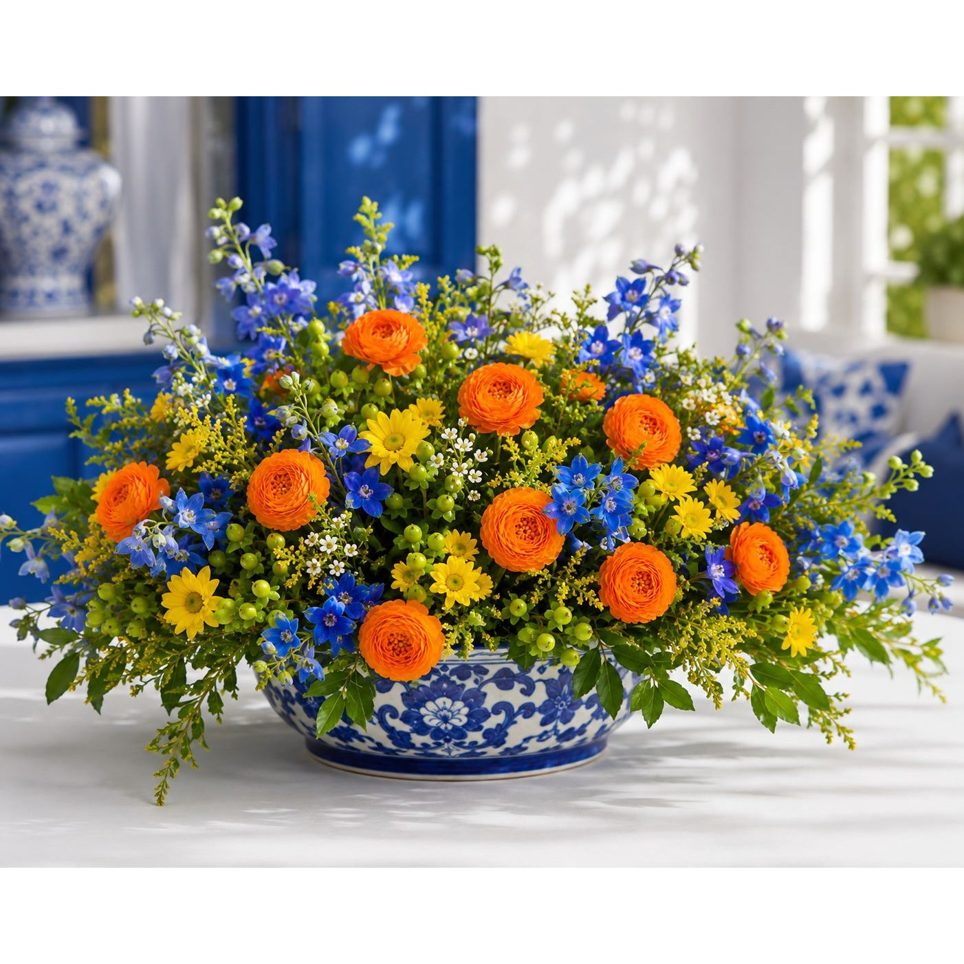 A vibrant floral arrangement in a blue and white patterned ceramic bowl, featuring bright orange ranunculus, blue delphiniums, yellow daisies, and green foliage, set on a white table with a blurred blue and white background.