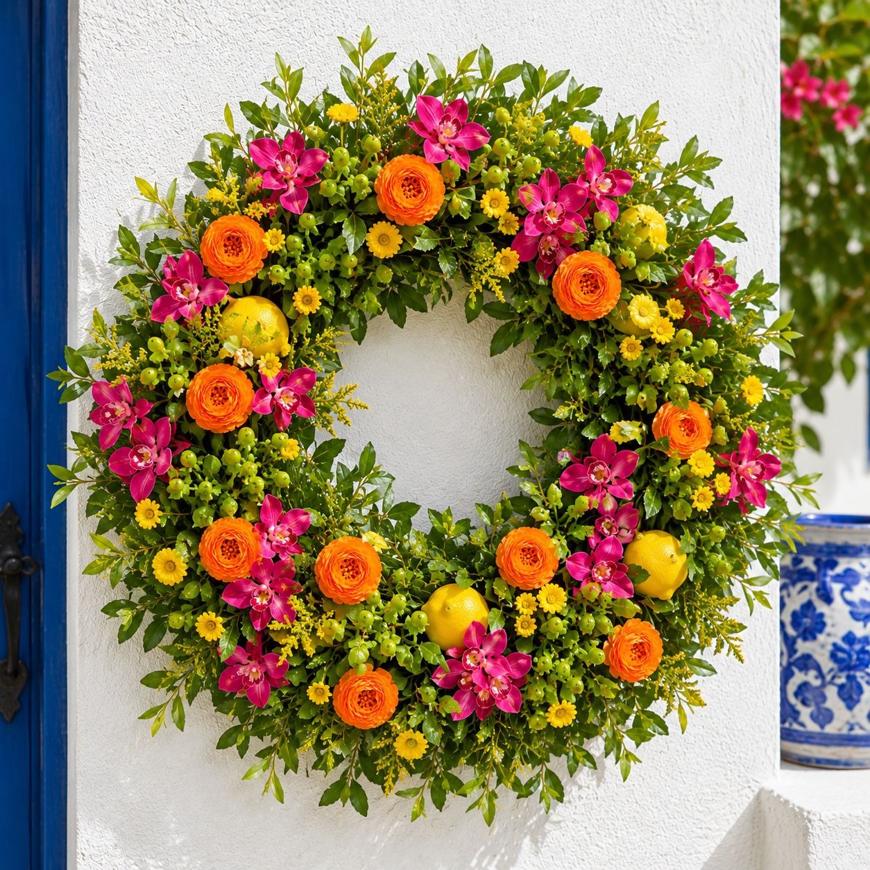 A lush green floral wreath decorated with bright orange ranunculus, magenta flowers, yellow blossoms, and small green fruit, hanging on a white textured wall next to a blue door.