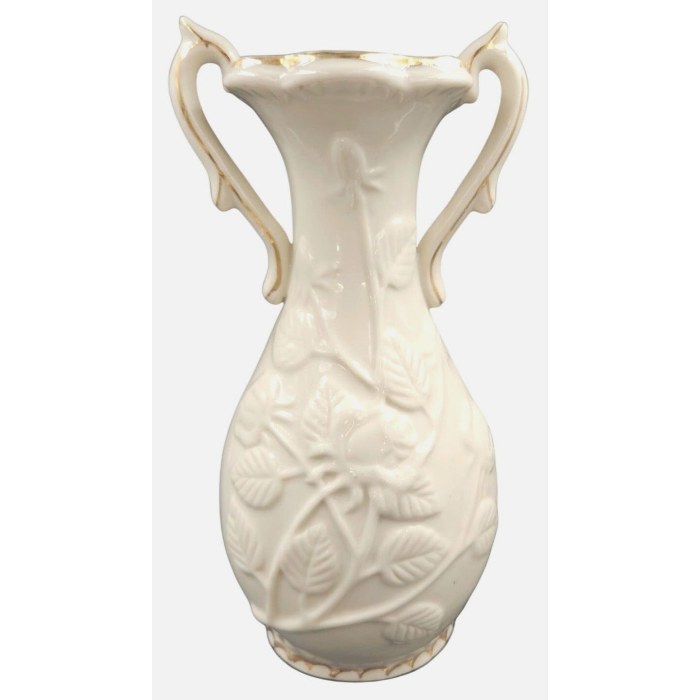 Vintage 1950s Rose Vase White Ceramic Gold Trim Cottage Mid Century Decor