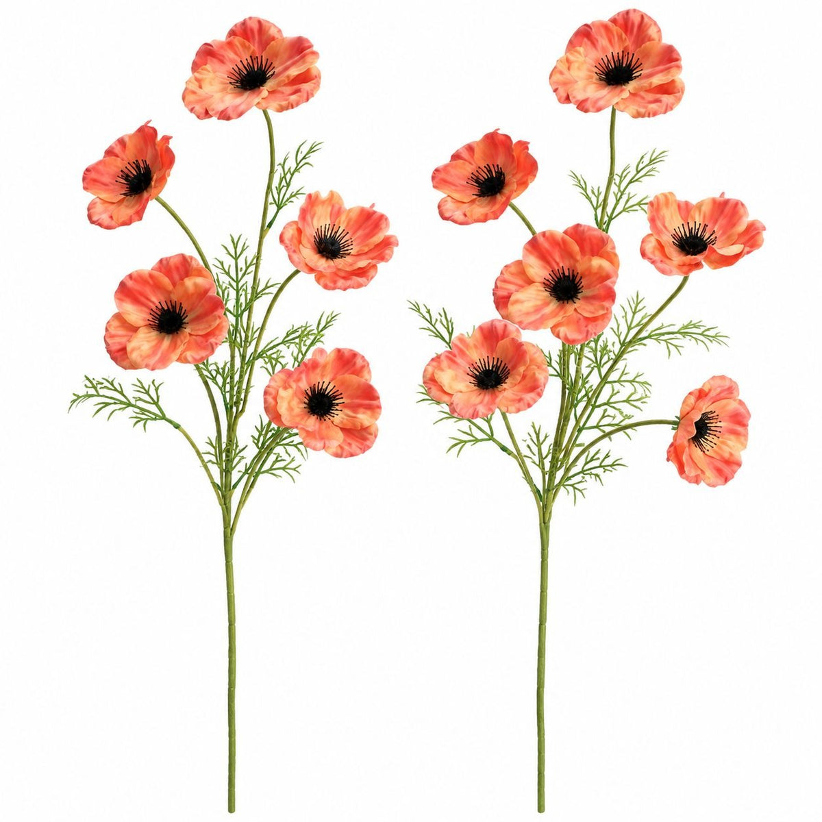 Coral Peach Orange Artificial Poppy Stems, Set of 2, 29-Inch Faux Flowers