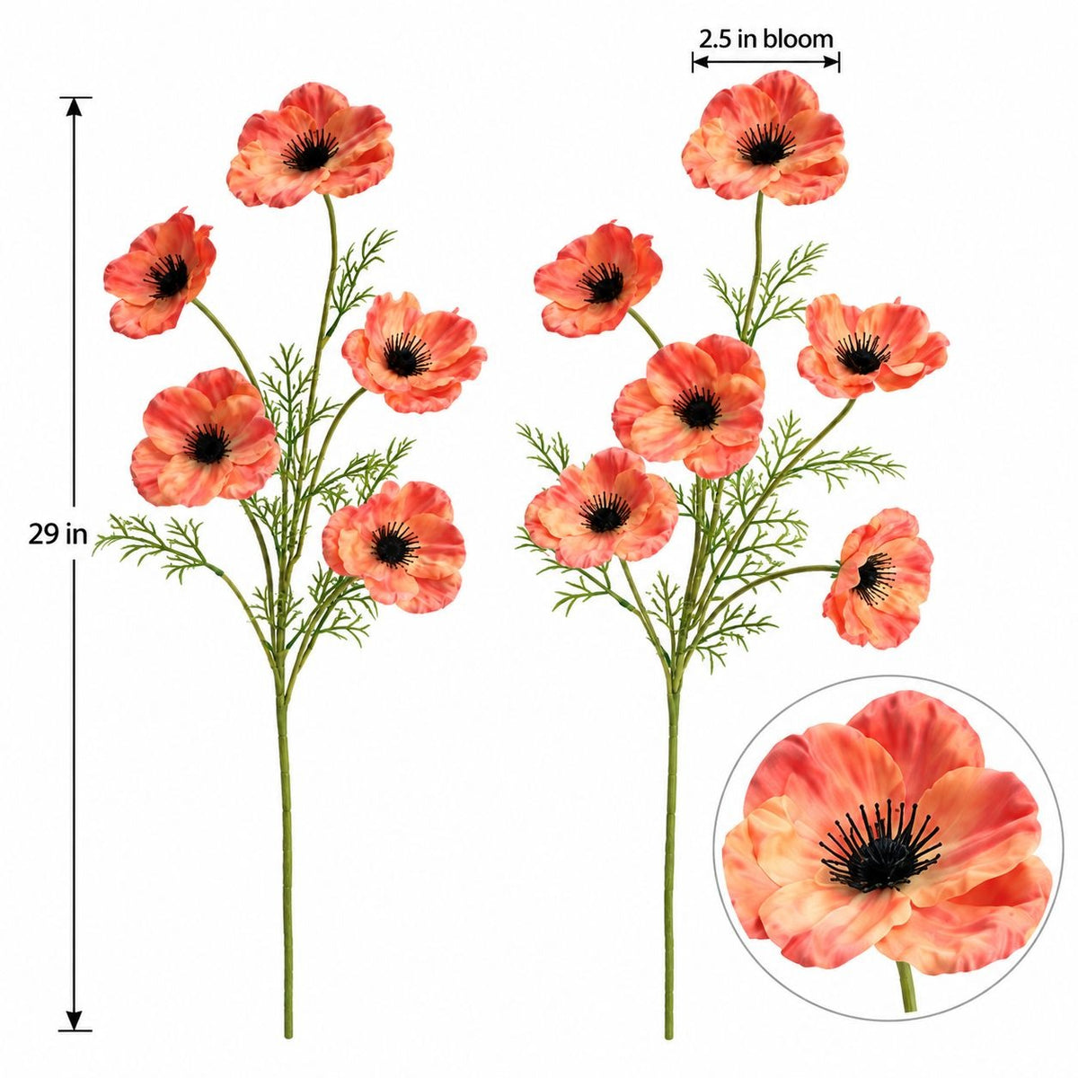 Coral Peach Orange Artificial Poppy Stems, Set of 2, 29-Inch Faux Flowers