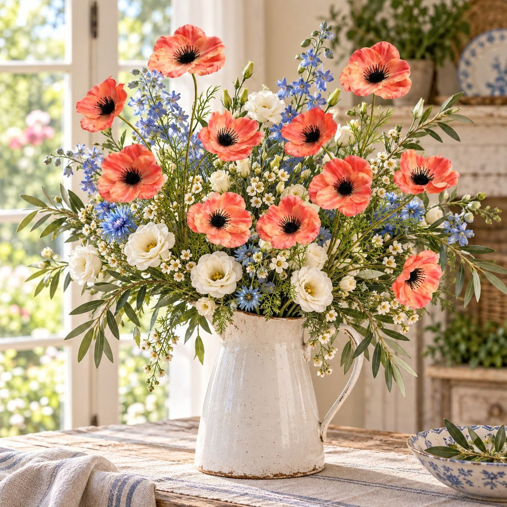 Coral Peach Orange Artificial Poppy Stems, Set of 2, 29-Inch Faux Flowers