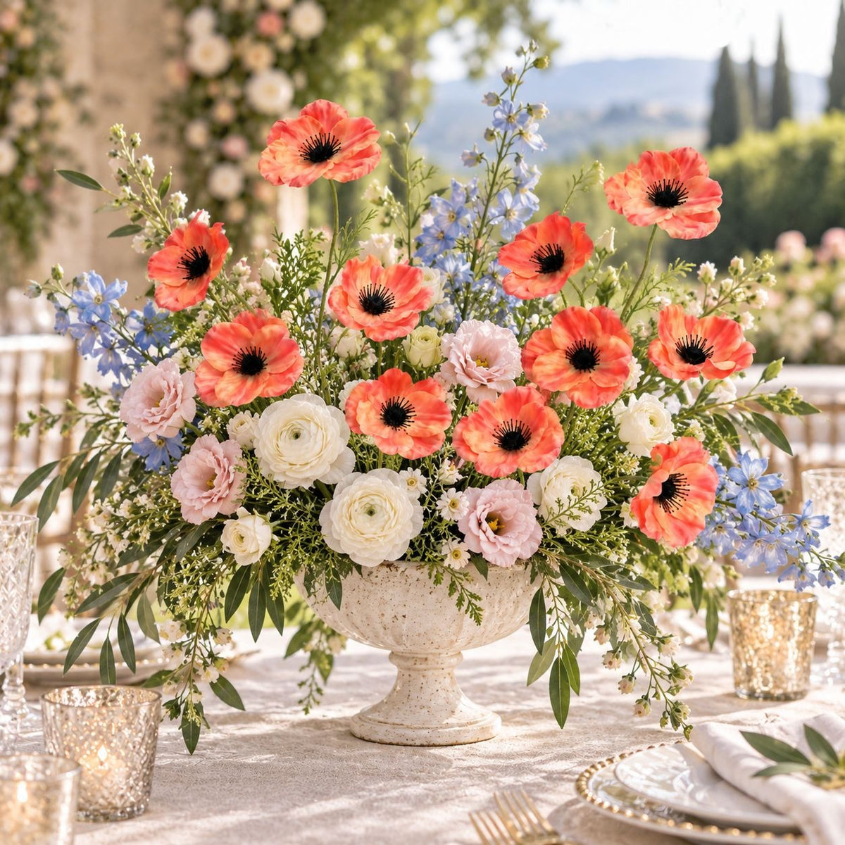 Coral Peach Orange Artificial Poppy Stems, Set of 2, 29-Inch Faux Flowers