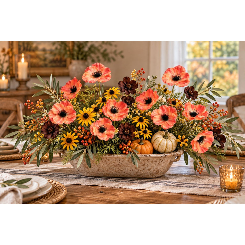 Coral Peach Orange Artificial Poppy Stems, Set of 2, 29-Inch Faux Flowers