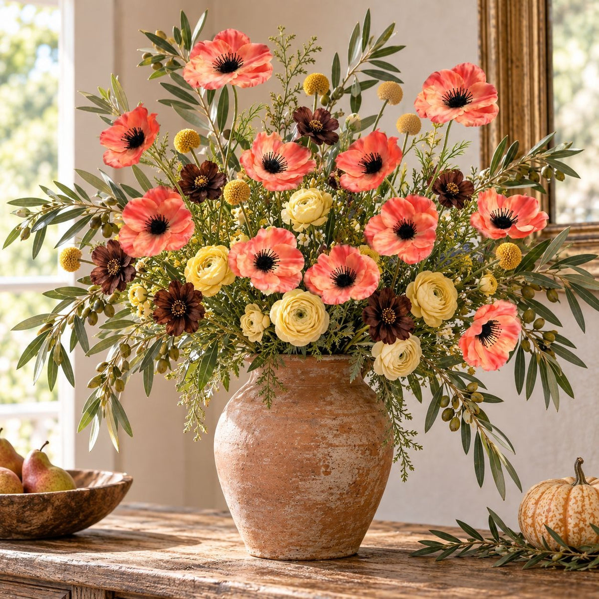 Coral Peach Orange Artificial Poppy Stems, Set of 2, 29-Inch Faux Flowers