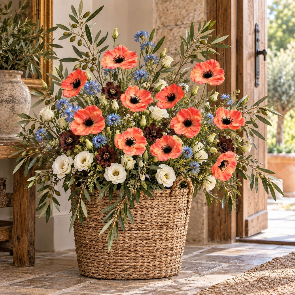 Coral Peach Orange Artificial Poppy Stems, Set of 2, 29-Inch Faux Flowers
