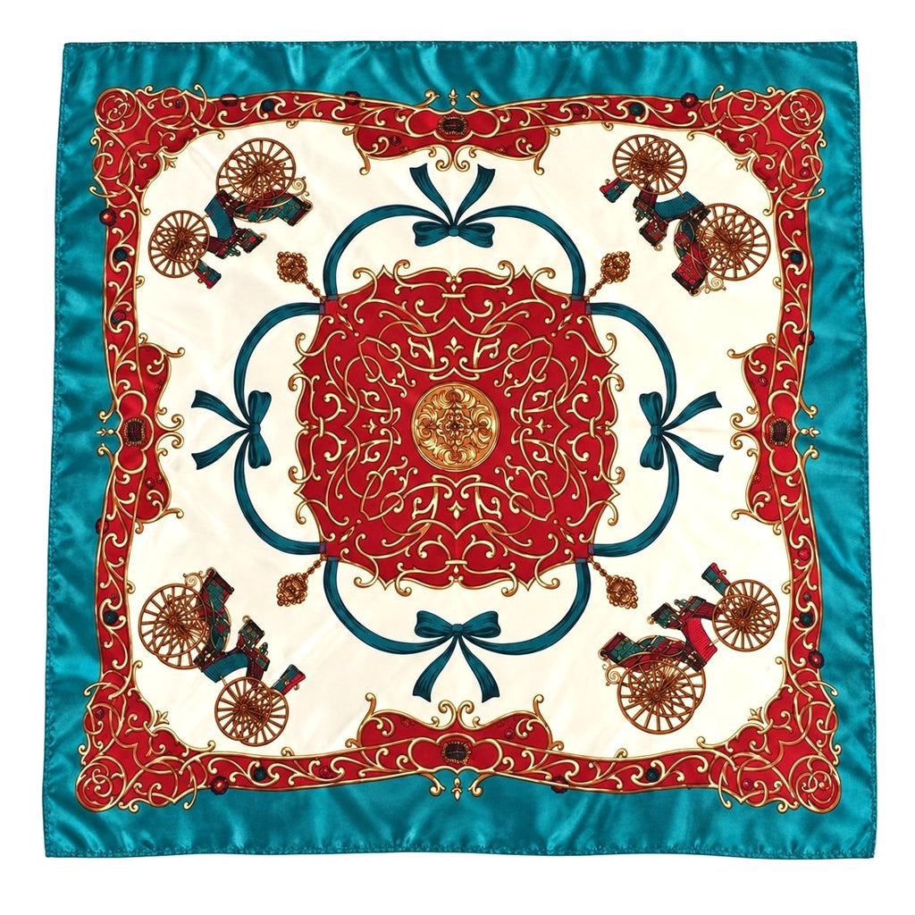 A square silk scarf featuring a classic vintage carriage pattern. The design has a vibrant turquoise blue satin border, a central cream-colored field, a large red medallion with gold detailing, and red carriage motifs with blue bows and gold scrollwork.
