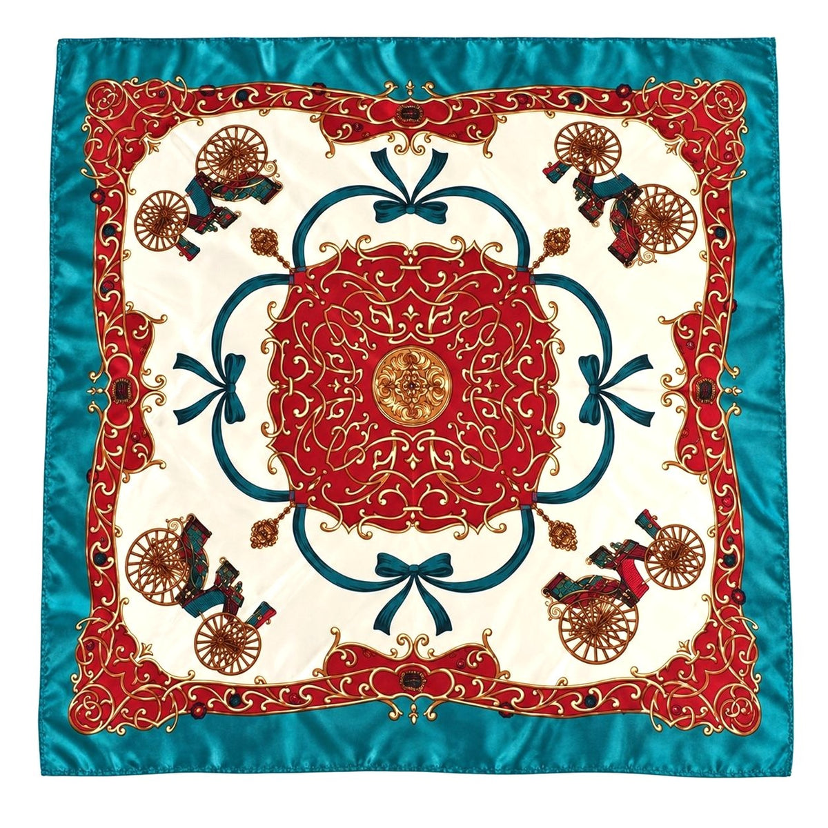 A square silk scarf featuring a classic vintage carriage pattern. The design has a vibrant turquoise blue satin border, a central cream-colored field, a large red medallion with gold detailing, and red carriage motifs with blue bows and gold scrollwork.