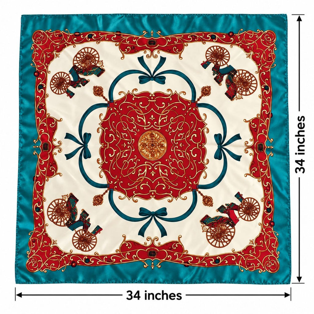 A square silk scarf with a 34-inch by 34-inch dimension overlay, featuring an ornate red and gold central medallion, blue decorative bows and scrollwork, and small figures in carriages on an off-white background.