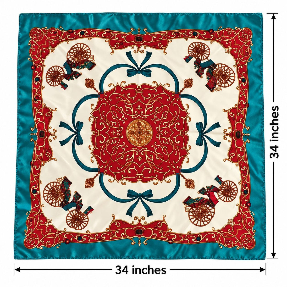 A square silk scarf with a 34-inch by 34-inch dimension overlay, featuring an ornate red and gold central medallion, blue decorative bows and scrollwork, and small figures in carriages on an off-white background.