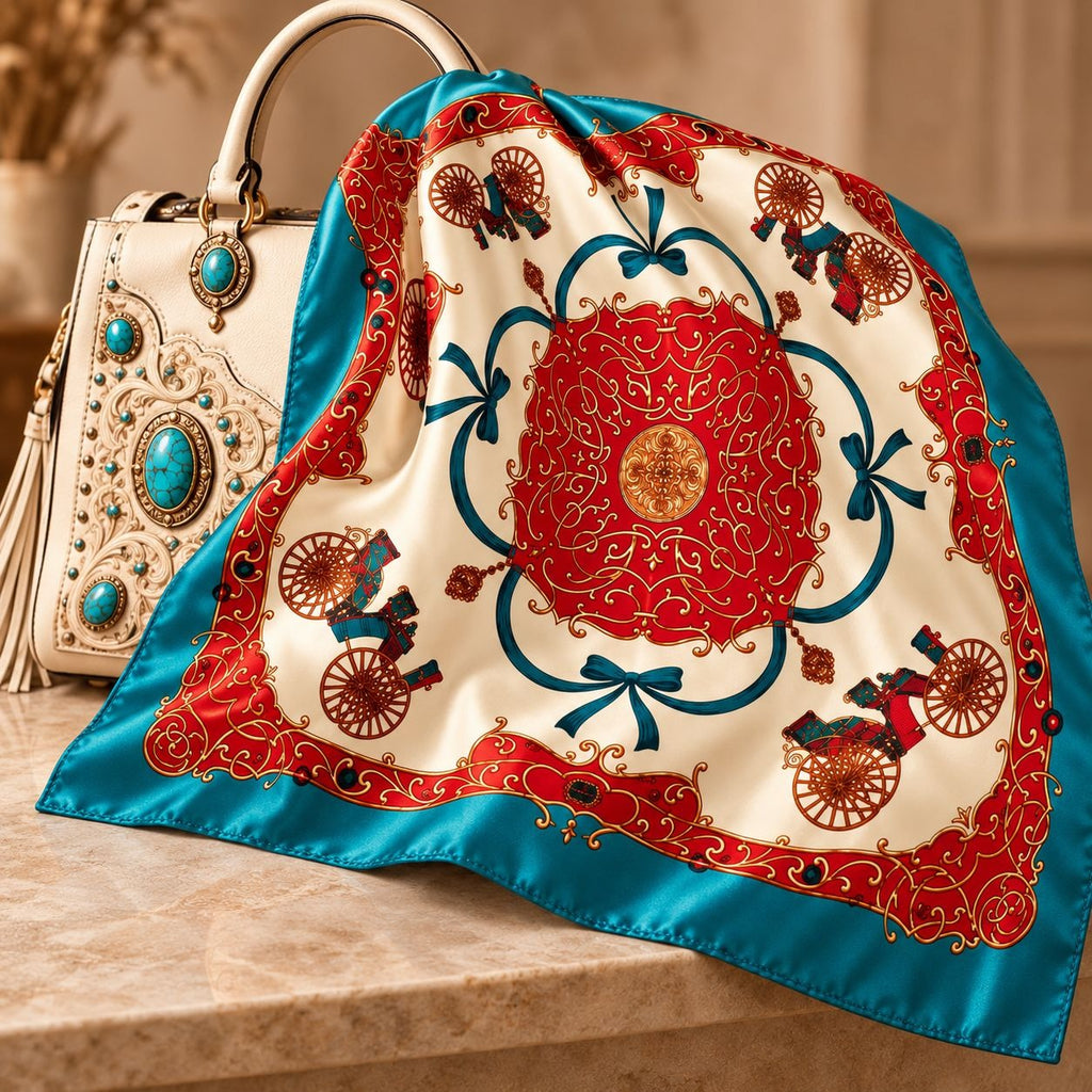 A square silk scarf with a red and teal blue ornate pattern, draped over a cream-colored embellished handbag on a beige stone surface.