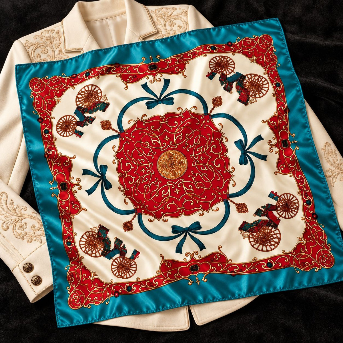 An embroidered silk scarf with a red central medallion, teal blue border, and gold detailing, displayed flat over a cream-colored embroidered jacket on a black background.