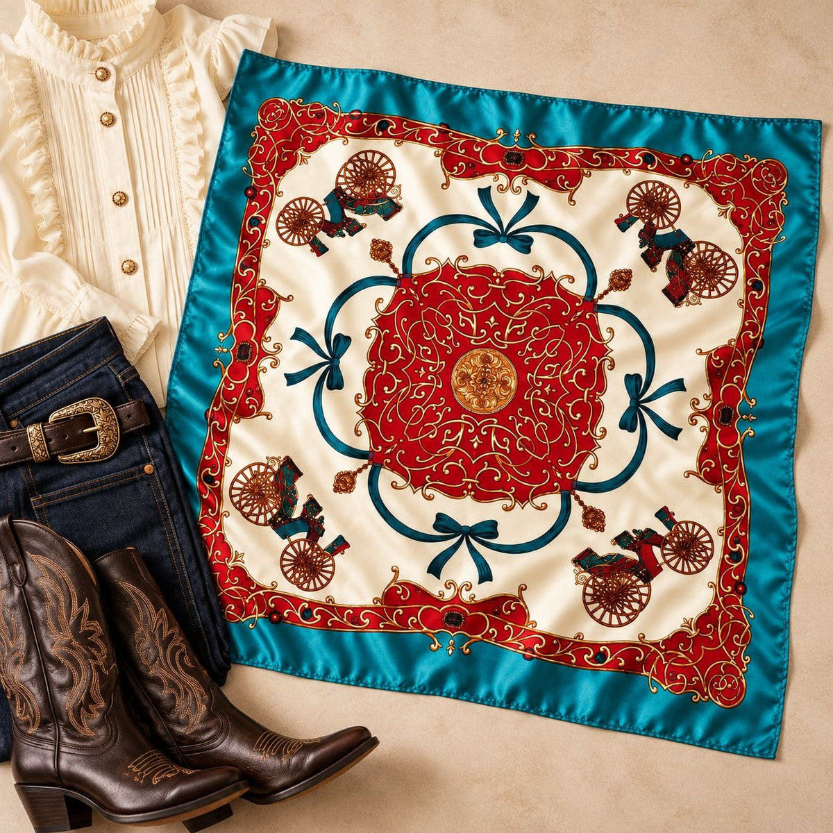 A square silk scarf with a western-themed design, styled in a flat-lay with a cream blouse, dark blue jeans, a brown leather belt, and brown cowboy boots on a beige background.