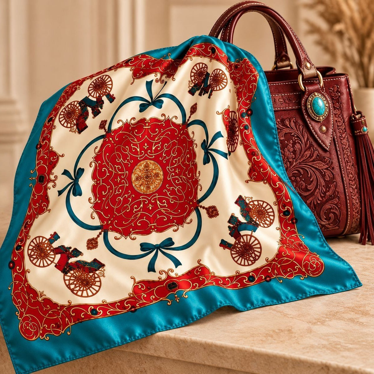 A square silk scarf with a classic French Trianne pattern in red, cream, and turquoise blue, draped next to a brown tooled leather handbag on a beige stone surface.