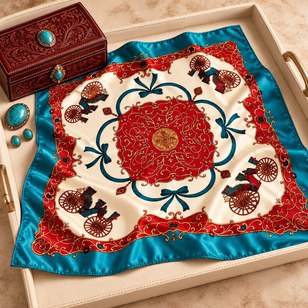 A square silk scarf with a red and cream central medallion, turquoise blue border, and embroidered equestrian motifs, displayed on a beige tray next to a carved wooden box and turquoise jewelry.