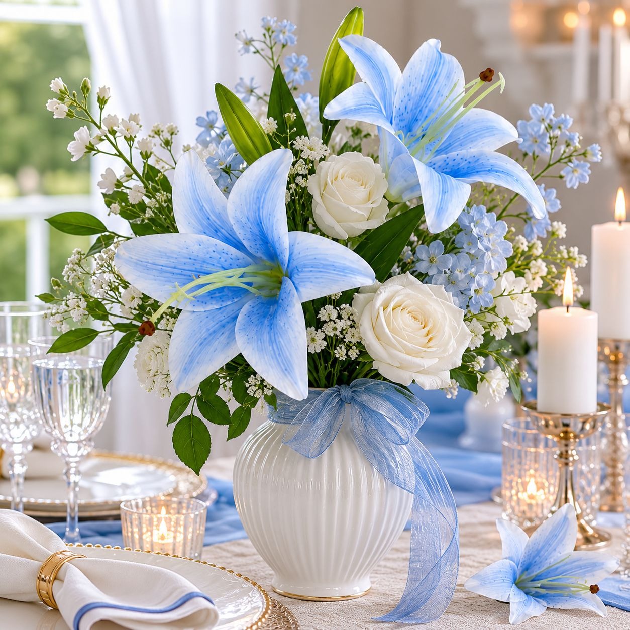 Blue Lily Stems Real Touch Flowers Artificial Lily Spray Faux Blue Lilies Cottagecore Decor Wedding Flowers Set of 2