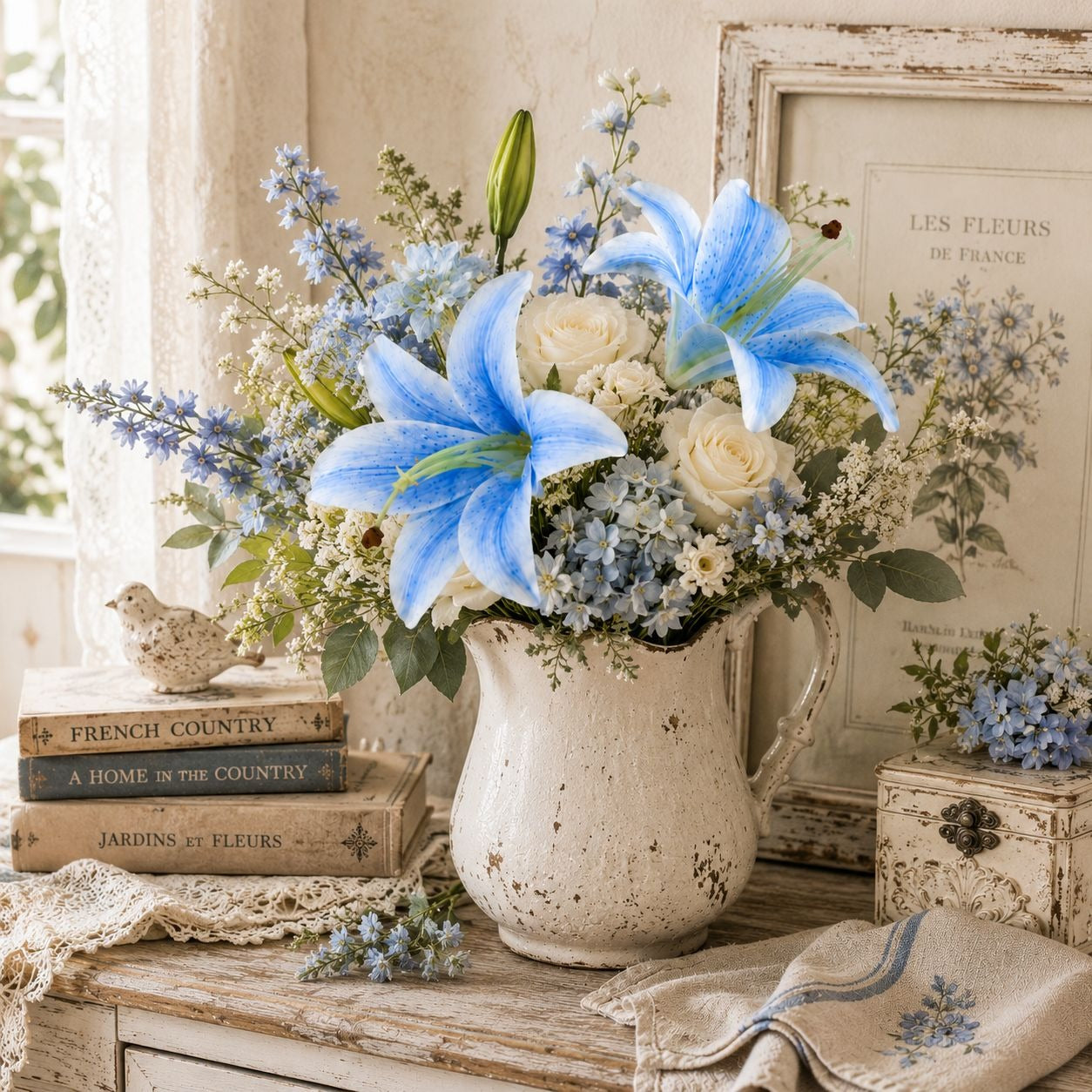 Blue Lily Stems Real Touch Flowers Artificial Lily Spray Faux Blue Lilies Cottagecore Decor Wedding Flowers Set of 2